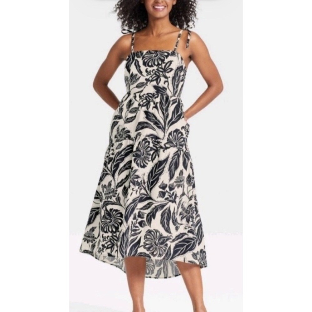 WHO WHAT WEAR Birch Dress Womens XL Black New Batik Floral Sundress Midi C822
